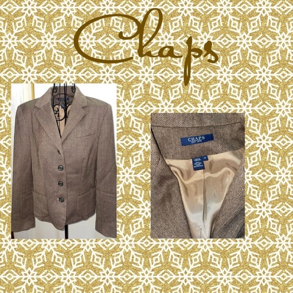 CHAPS BROWN WOOL HERRINGBONE BLAZER~BUTTON DOWN~SIZE 10 - Picture 3 of 5